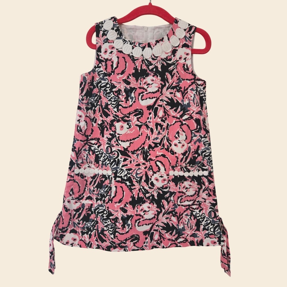 Lilly Pulitzer Girls Pink Navy Floral Dalian Shift Dress Cotton Corduroy Size 4